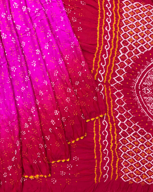 Red & Pink Shaded Gajji Silk Bandhani Saree