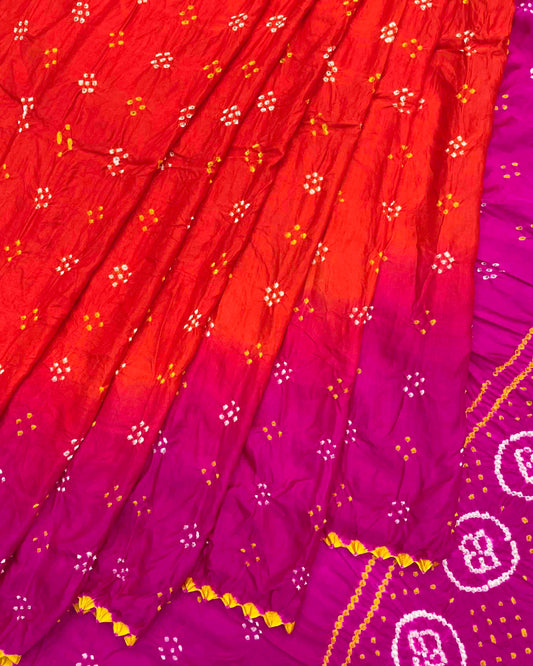 Pink & Orange Shaded Gajji Silk Bandhani Saree