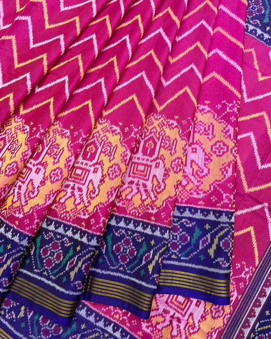 Blue & Pink Zig Zag with Elephant Chhabdi Scut Border Patola Saree