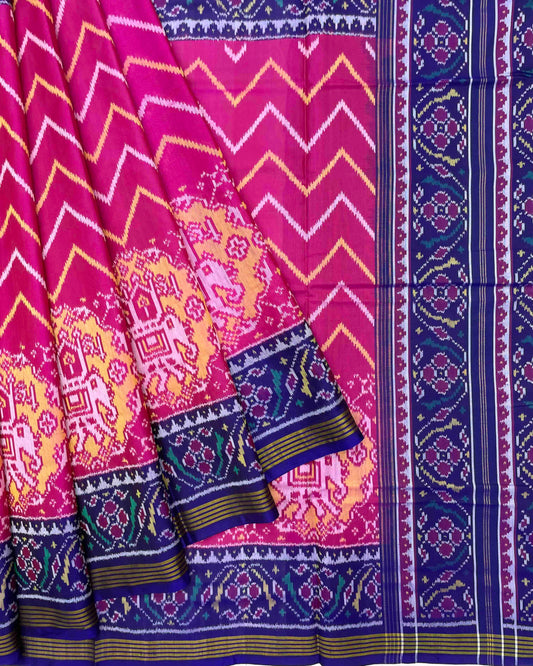 Blue & Pink Zig Zag with Elephant Chhabdi Scut Border Patola Saree