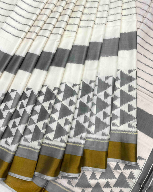 White & Grey Fancy Design with Scut Border Patola Saree