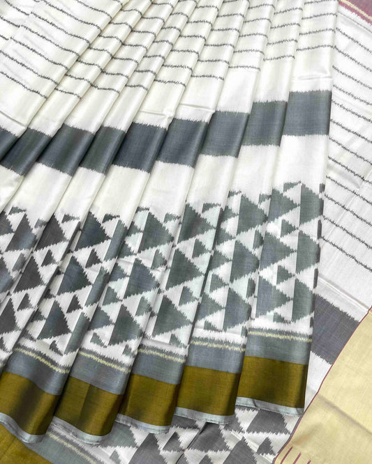 White & Grey Fancy Design with Scut Border Patola Saree