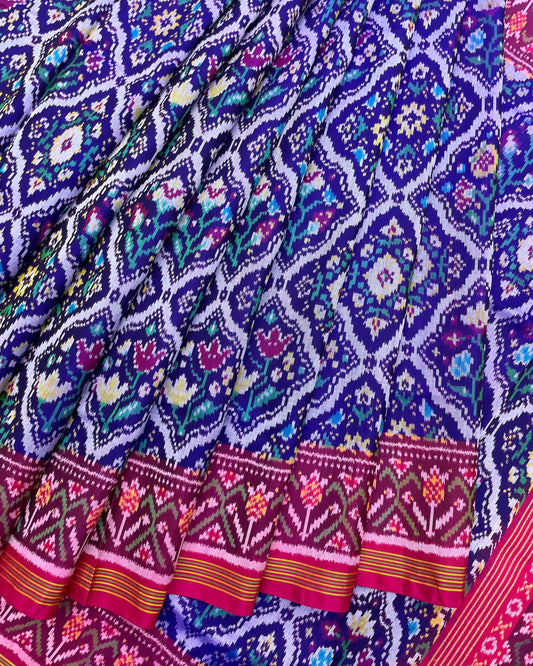 Pink & Blue Fancy Flower Patola Saree