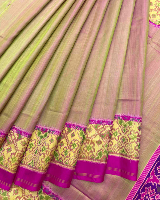 Pink & Light Green Plain Patola Saree