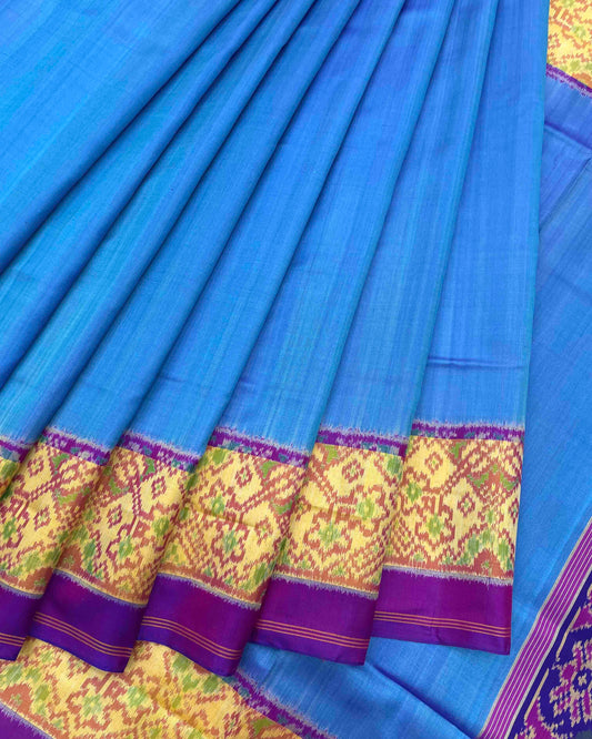 Purple & Sky Blue Plain Patola Saree