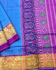 Purple & Sky Blue Plain Patola Saree