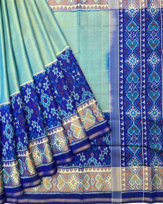 Blue & Light Green Plain with Navratan Scut Border Patola Saree