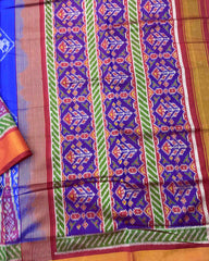 Red & Blue Narikunj with Temple Scut Border Patola Saree