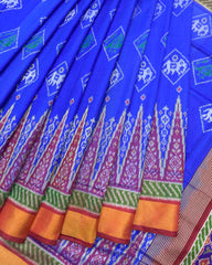 Red & Blue Narikunj with Temple Scut Border Patola Saree