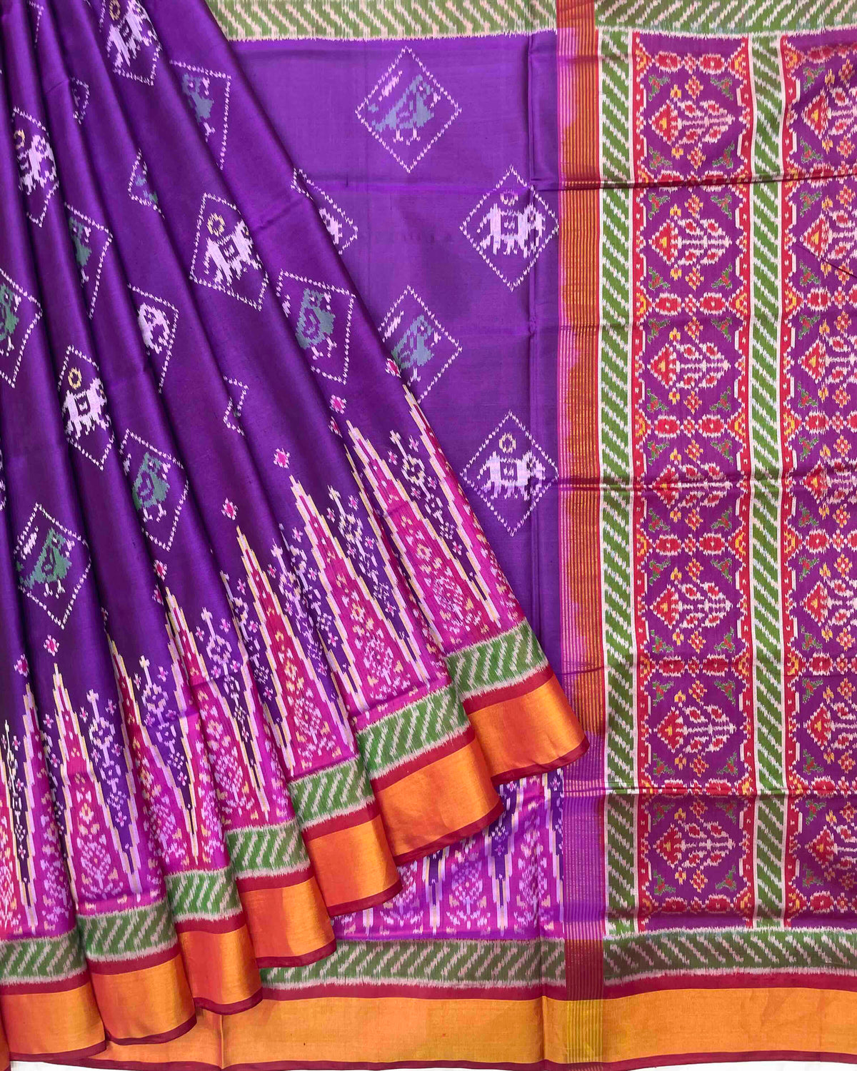 Red & Purple Narikunj with Temple Scut Border Patola Saree