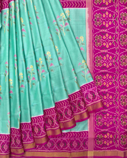 Pink & Light Sea Green Fancy Flower Design Patola Saree