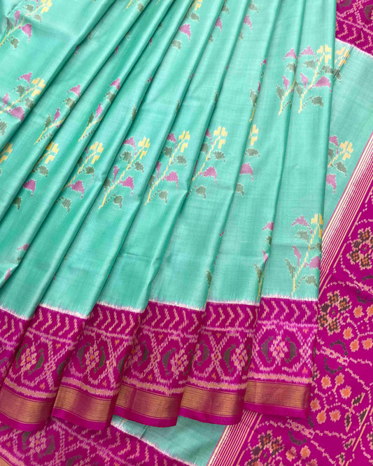 Pink & Light Sea Green Fancy Flower Design Patola Saree