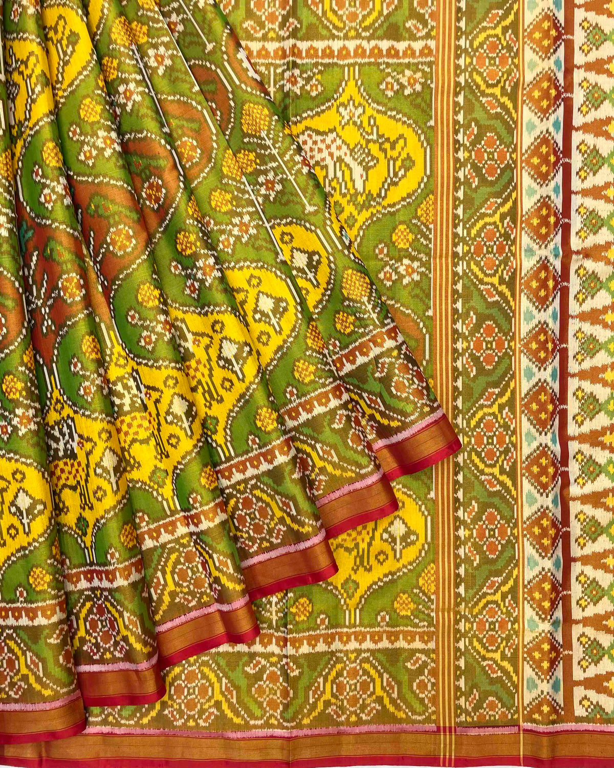 Red & Multicolour Deer & Flower Tissue Patola Saree