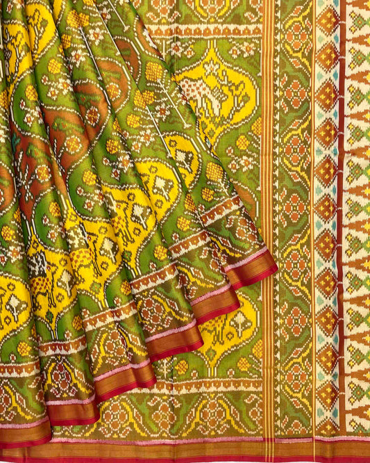 Red & Multicolour Deer & Flower Tissue Patola Saree