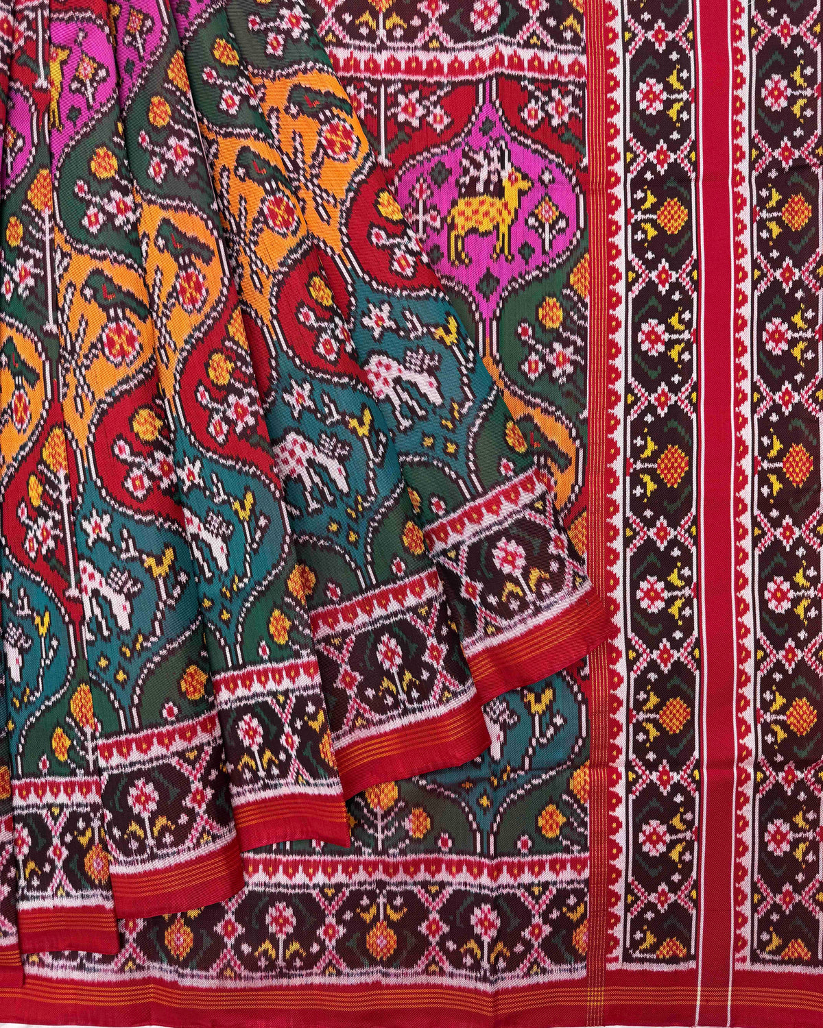 Red & Multicolour Deer Flower Twill Patola Saree