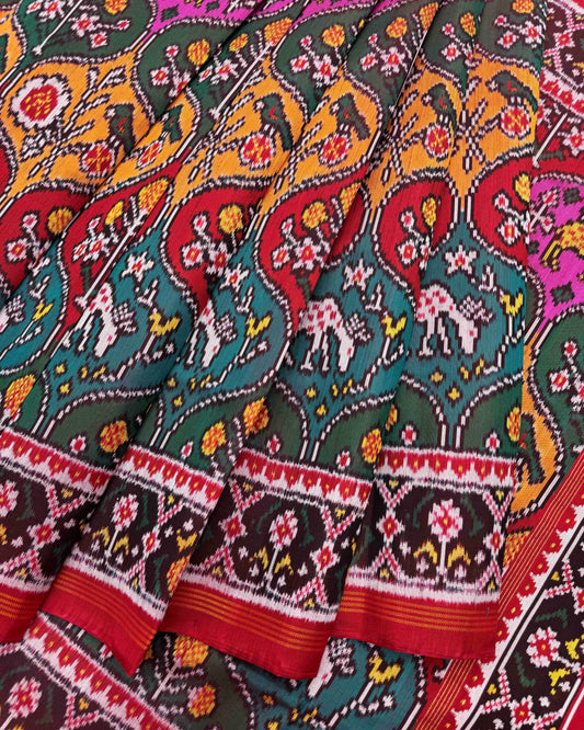 Red & Multicolour Deer Flower Twill Patola Saree