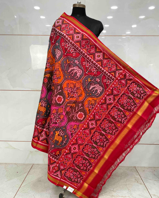 Red & Multicolour Deer Flower Patola Dupatta