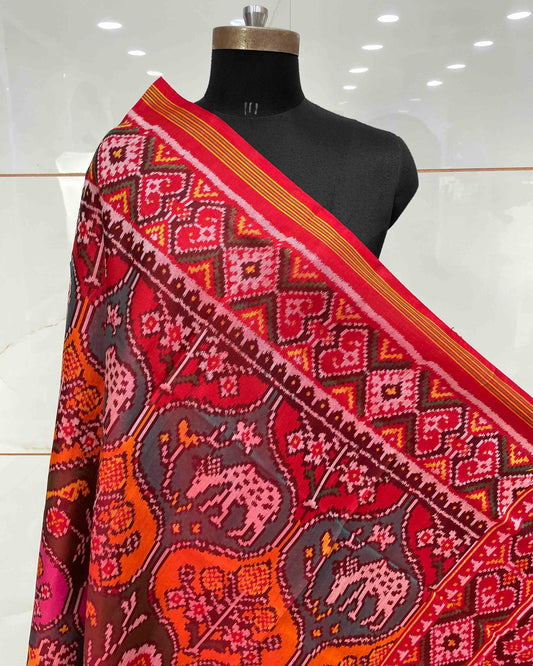 Red & Multicolour Deer Flower Patola Dupatta