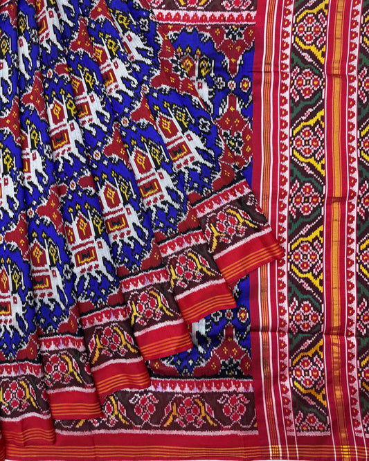 Red & Blue Chhabdi Elephant Design Twill Patola Saree