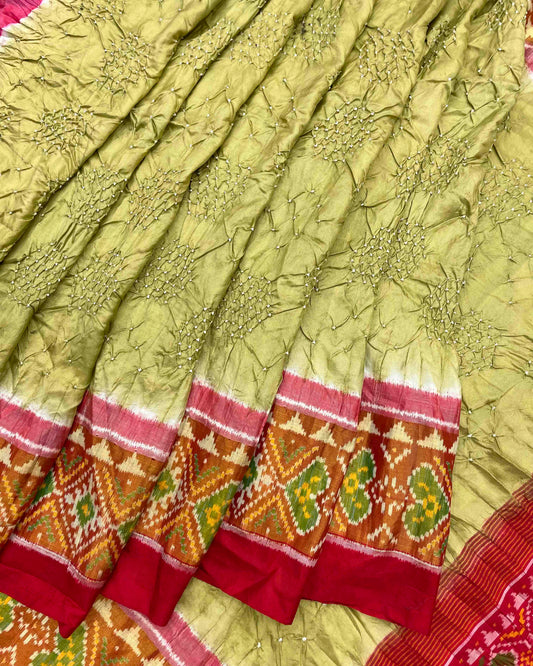 Red & Light Green Bandhani Patola Saree