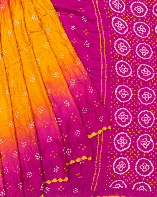 Pink & Yellow Shaded Gaji Silk Bandhani Saree