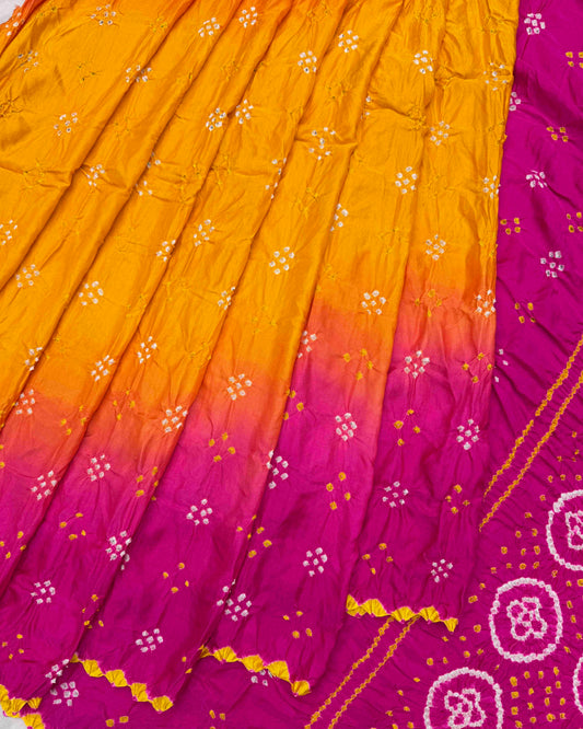 Pink & Yellow Shaded Gaji Silk Bandhani Saree