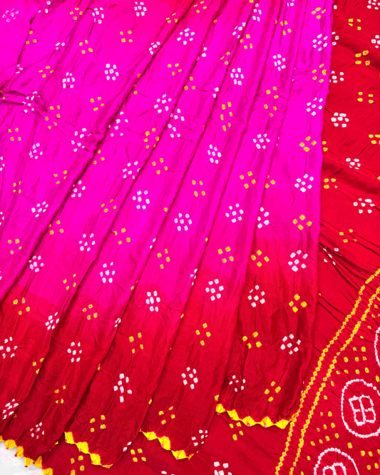 Red & Pink Shaded Gaji Silk Bandhani Saree