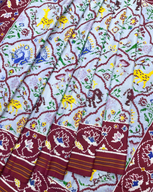 Maroon & Sky Blue Narikunj Design Double Ikat Patola Saree