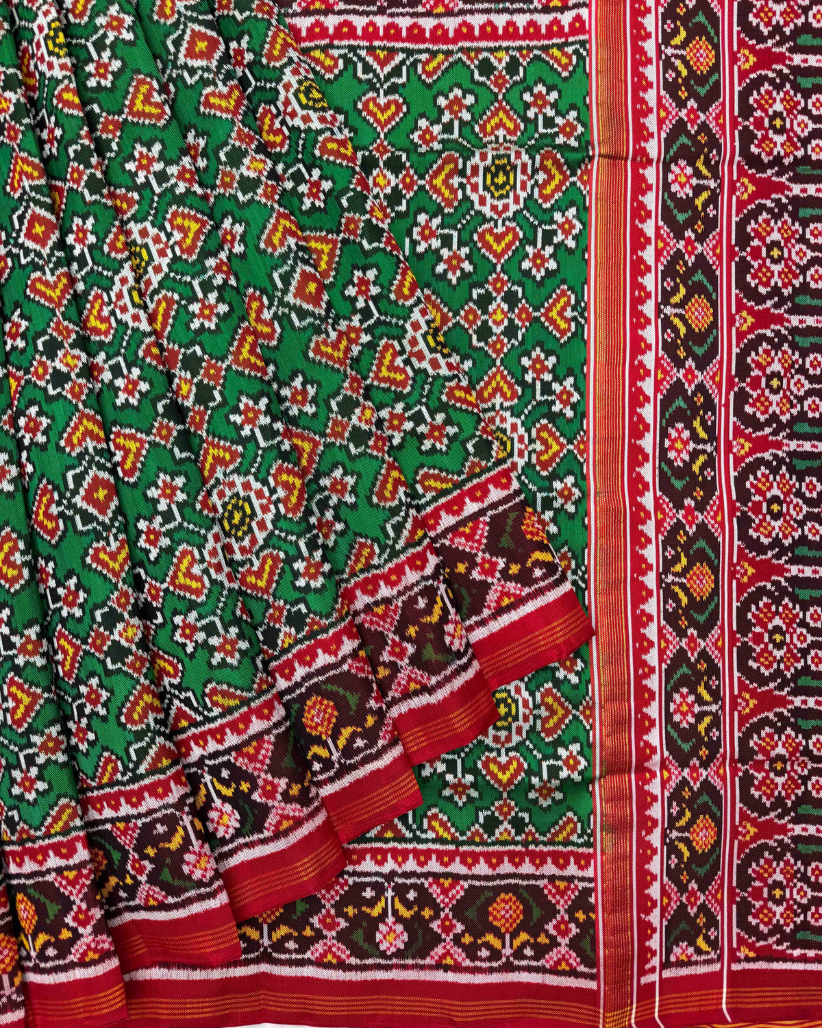 Red & Green Navratan Twill Patola Saree