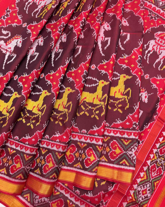 Red & Maroon Big Figure Deer Chhabdi Twill Patola Saree