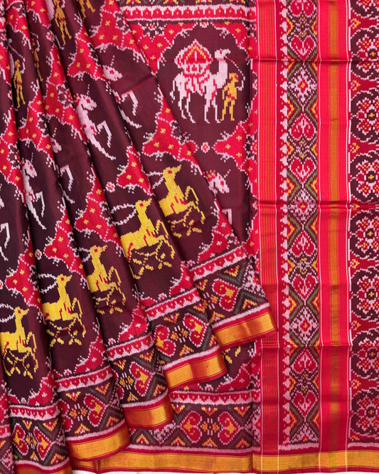 Red & Maroon Big Figure Deer Chhabdi Twill Patola Saree