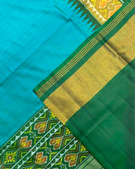 Green & Sky Blue Plain Patola Saree