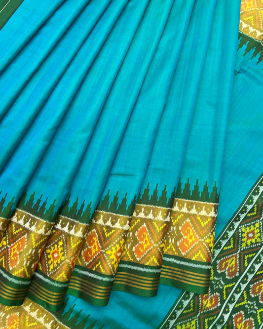 Green & Sky Blue Plain Patola Saree