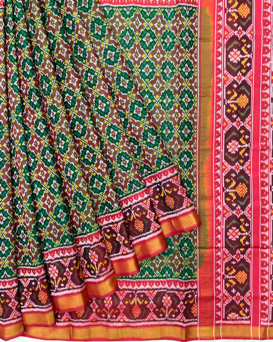 Red & Green Bottonful Design Patola Saree