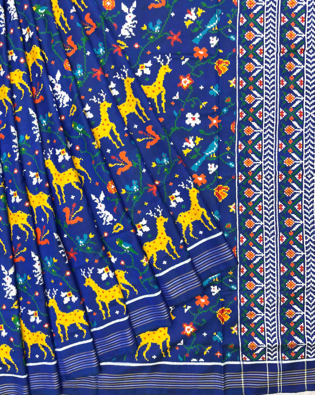 Blue Deer Parrot Flower Patola Saree