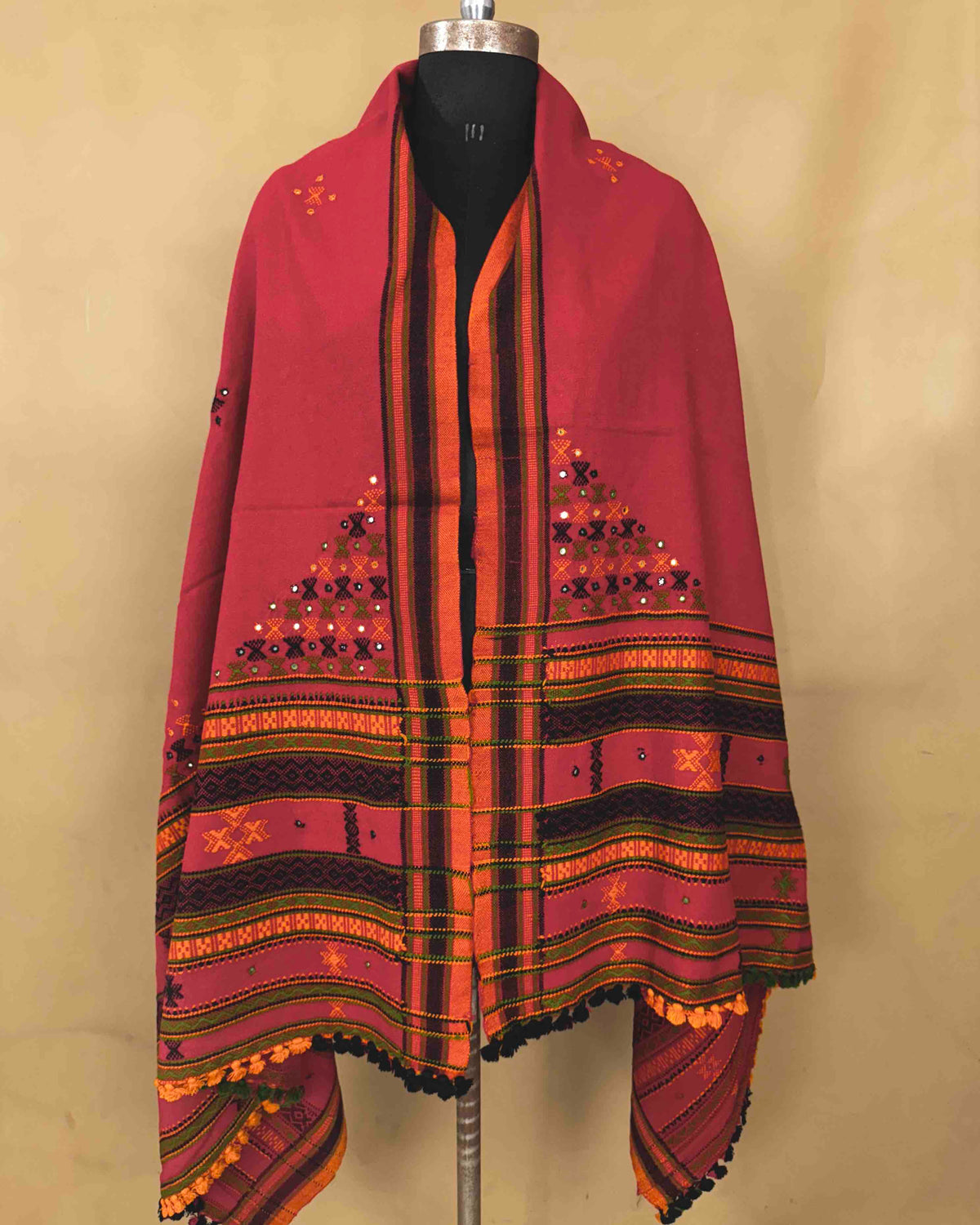 Red Butta Mirror & Corner Mirror Kutchi Woolen Shawl