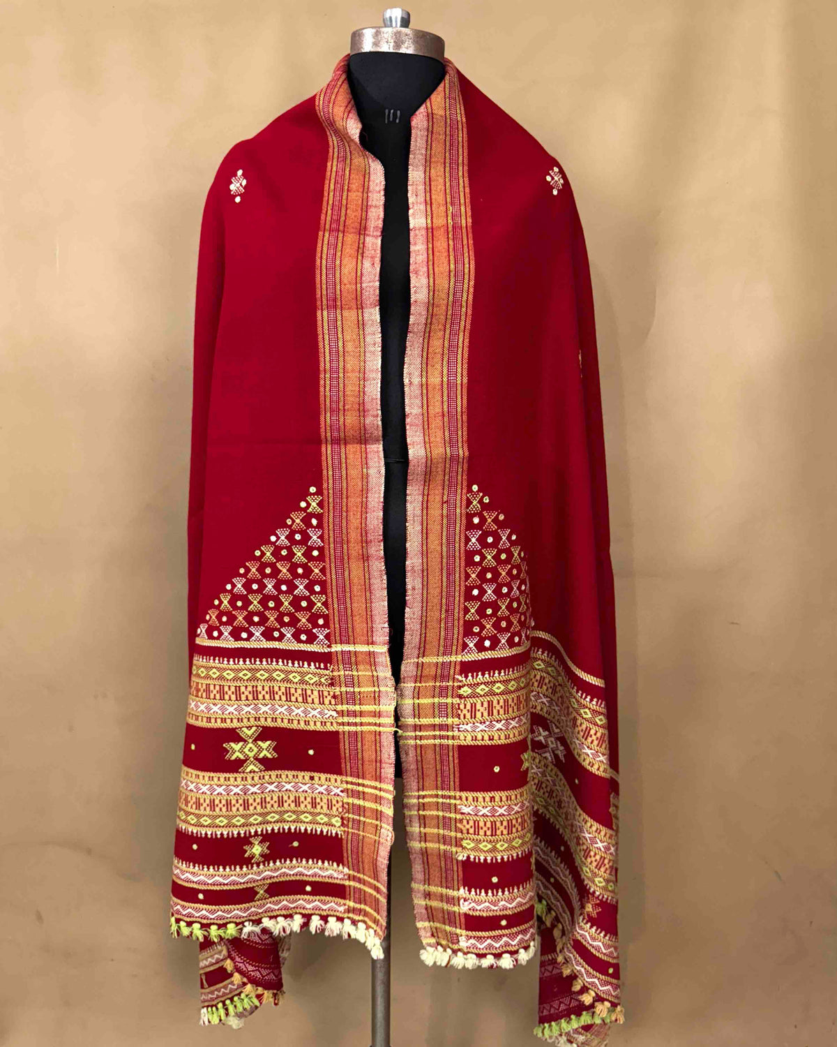 Red Butta Mirror & Corner Mirror Kutchi Woolen Shawl