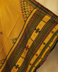 Mustard Yellow Butta Mirror & Corner Mirror Kutchi Woolen Shawl