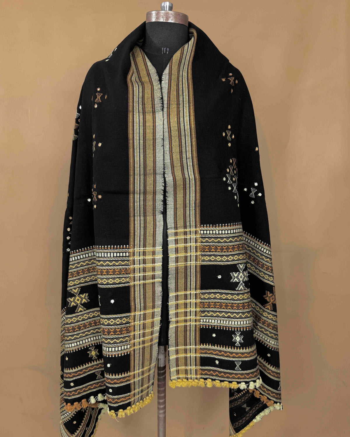 Black Butta Mirror Kutchi Woolen Shawl