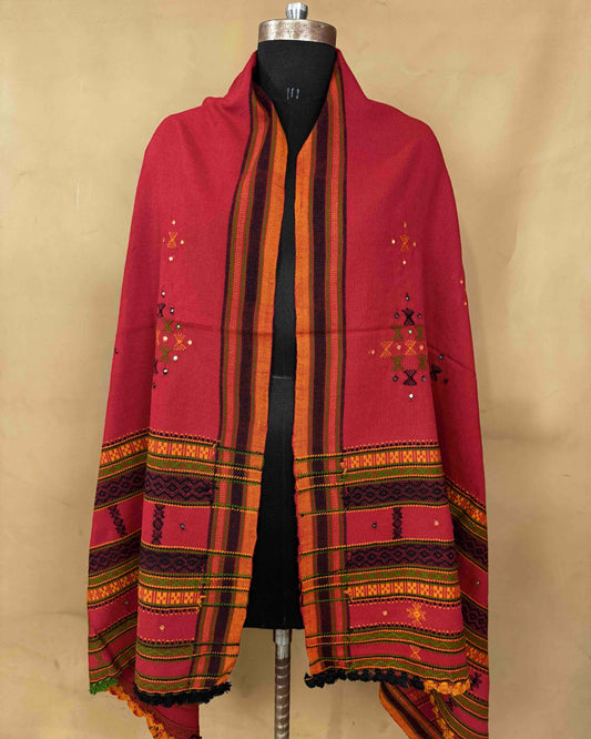 Red Butta Mirror Kutchi Woolen Shawl