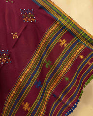 Maroon Red Butta Mirror Kutchi Woolen Shawl