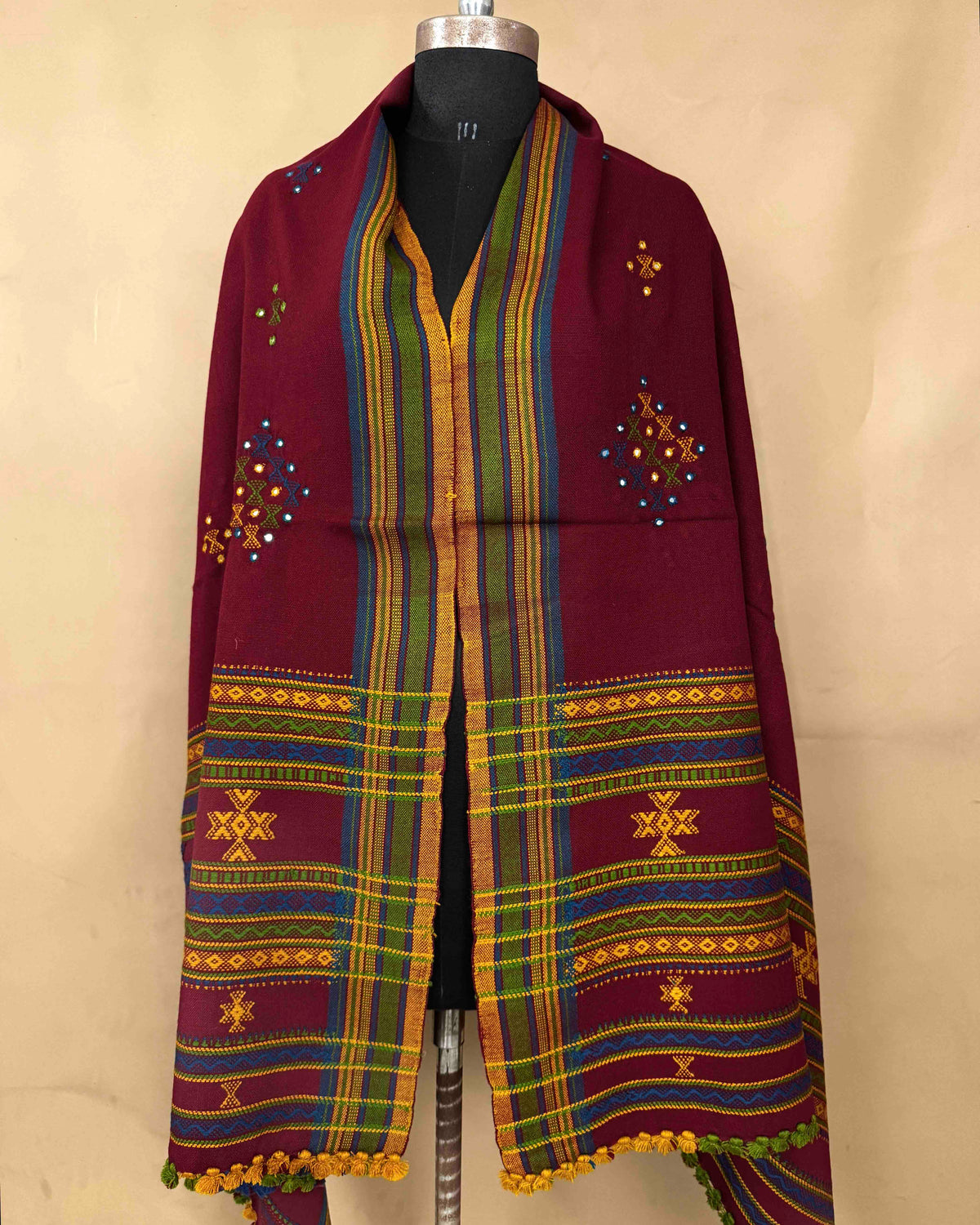 Maroon Red Butta Mirror Kutchi Woolen Shawl