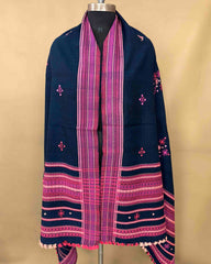 Navy Blue & Pink Chomukh Mirror Kutchi Woolen Shawl