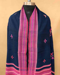 Navy Blue & Pink Chomukh Mirror Kutchi Woolen Shawl