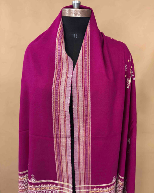 Pink Chomukh Mirror Kutchi Woolen Shawl