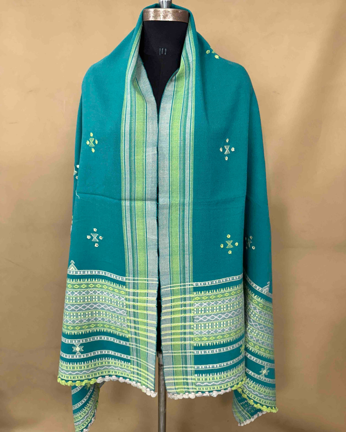 Sky Blue Chomukh Mirror Kutchi Woolen Shawl