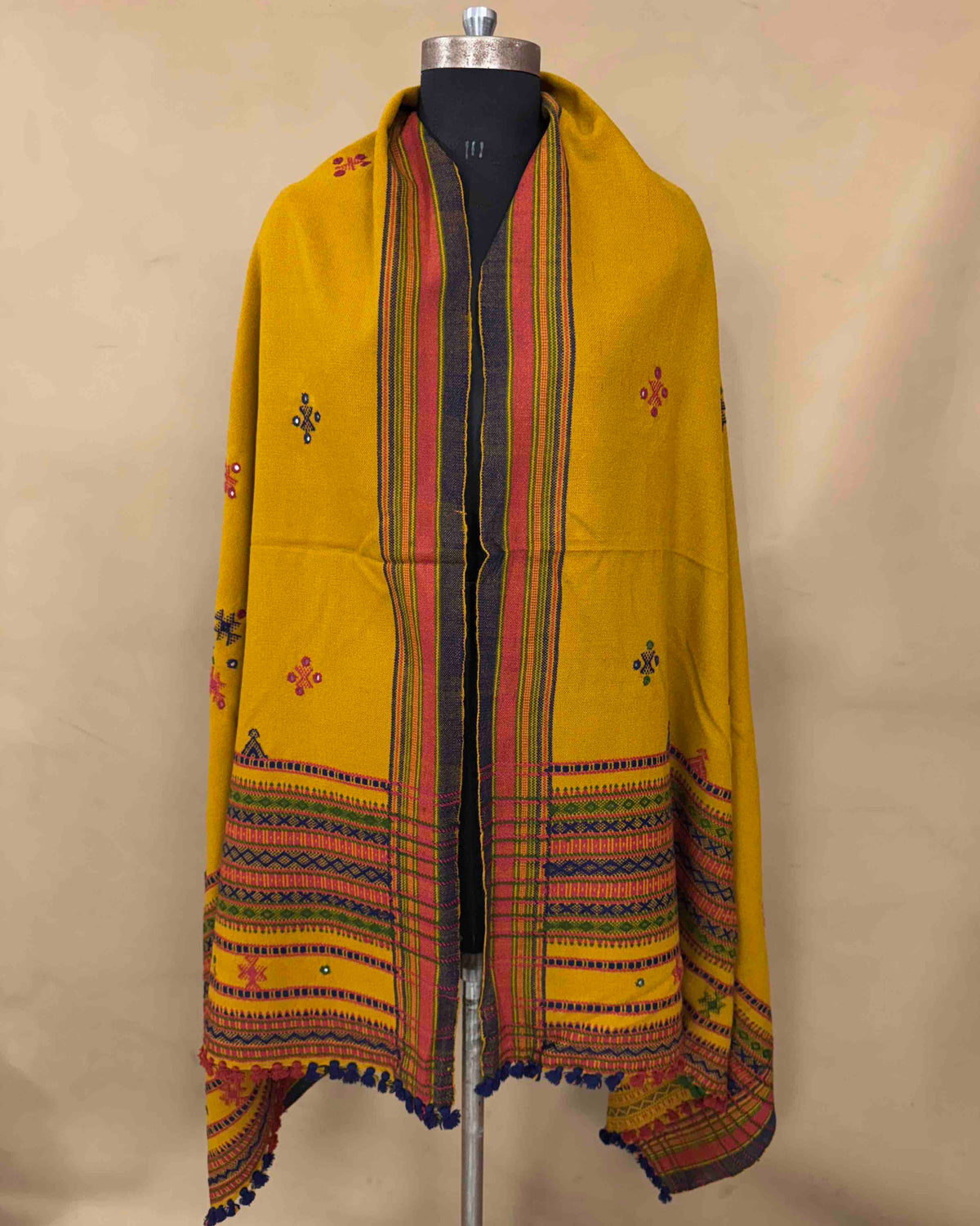 Mustard Yellow Chomukh Mirror Kutchi Woolen Shawl