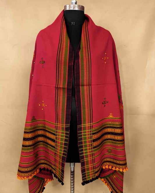 Red Chomukh Mirror Kutchi Woolen Shawl