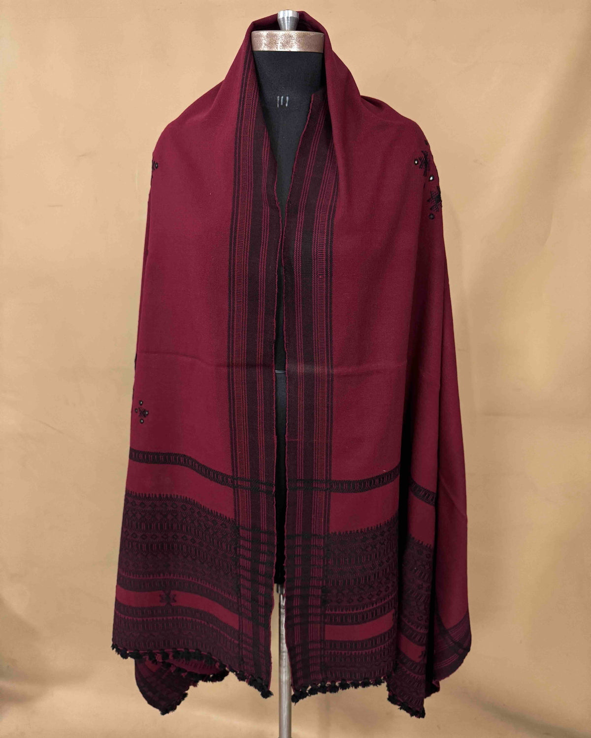 Maroon & Black Chomukh Mirror Kutchi Woolen Shawl