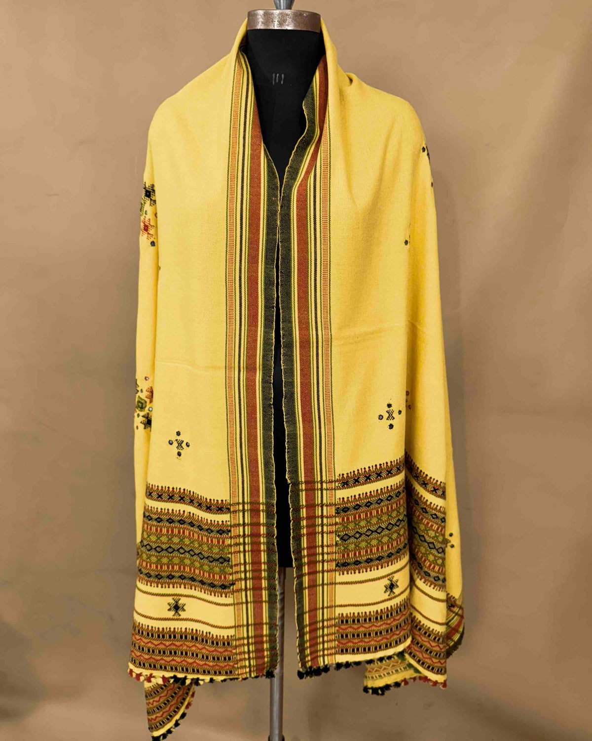 Light Yellow Chomukh Mirror Kutchi Woolen Shawl